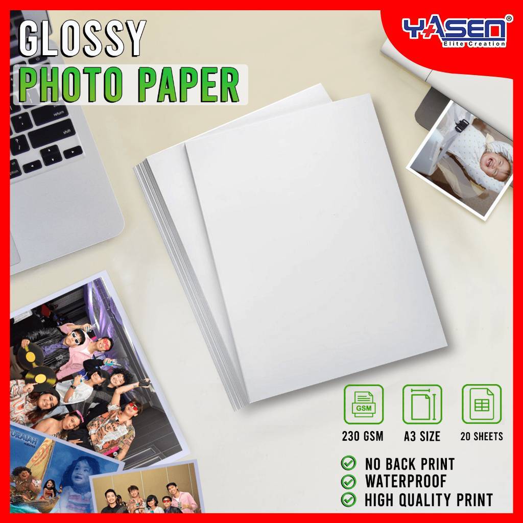 Glossy Photo Paper 230gsm A3 No Back Print 20 Sheets Yasen Brand