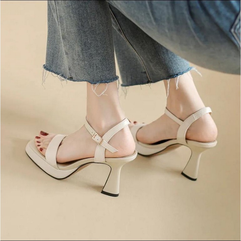 Women's Korean Peep Toe Chunky Square Fashion Elastic Heels