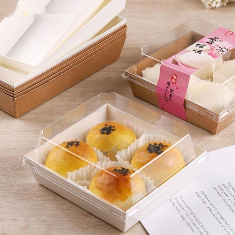 100PCS Kraft Sushi Tray Sandwich Box Pastry Dessert Box Clear Lid ...