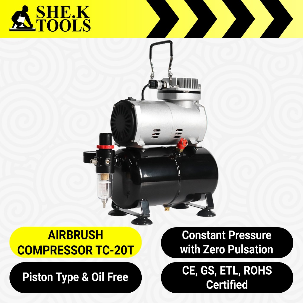 SHE.K Airbrush Compressor TC-20T 1/5hp Quiet Oil Free Tank CE GS ETL ...