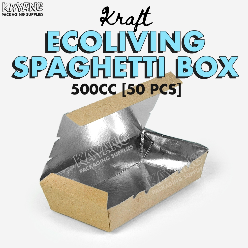 [50pcs] Ecoliving Spaghetti Takeout Box 500cc Kraft-Silver Foil-coated ...