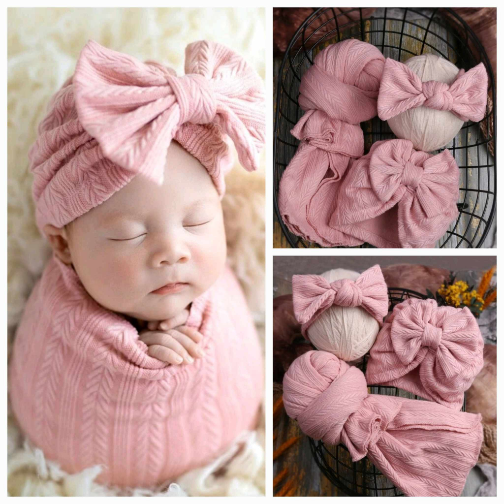 Lisa 3 Piece Newborn Baby Textured Cotton Hat Headband Swaddle Blanket ...