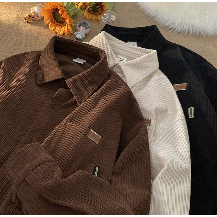 [3 Colors] Corduroy men's lapel shirt Men's fashionable retro loose ...