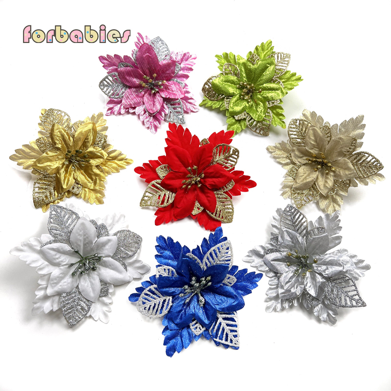 12PCS Flowers 15CM Glitter Artificial Silk Flower Christmas Tree Ornament DIY Christmas