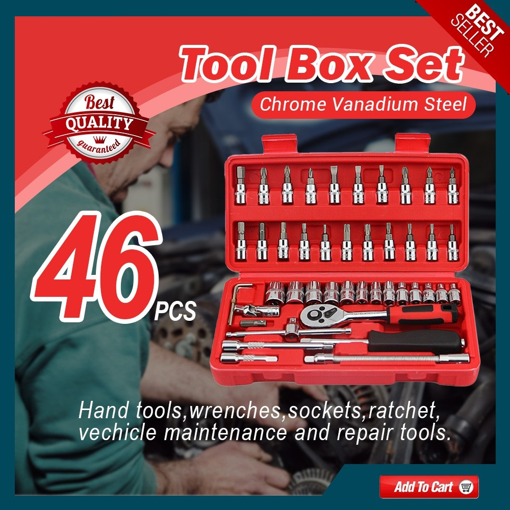 GD MALL 46pcs Tool Box Car Motorcycle Repair Set Hand Tools Home