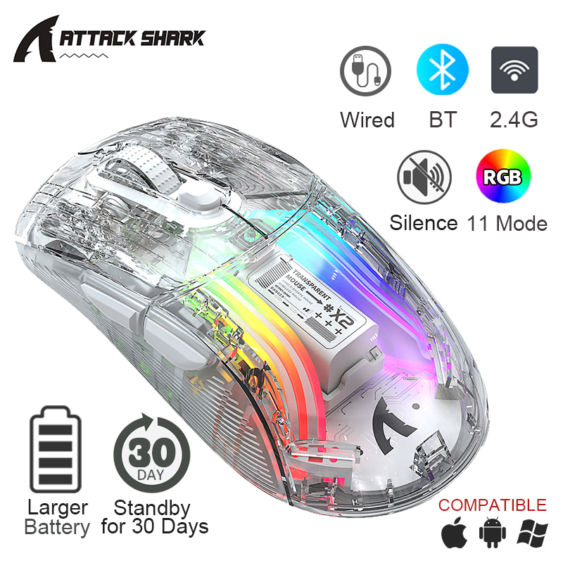 Attack Shark X2 Pro RGB Mouse Wireless Bluetooth Three-mode Transparent ...