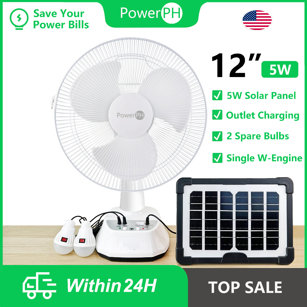 Powerph 12 14inch Rechargeable Electric Solar Fan With Solar Panel And 2 Free Bulbs And Charger 3980