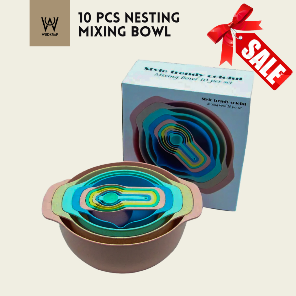 10 Pcs Nesting Mixing Bowl Colander Measuring Cup Spoon Interlocking