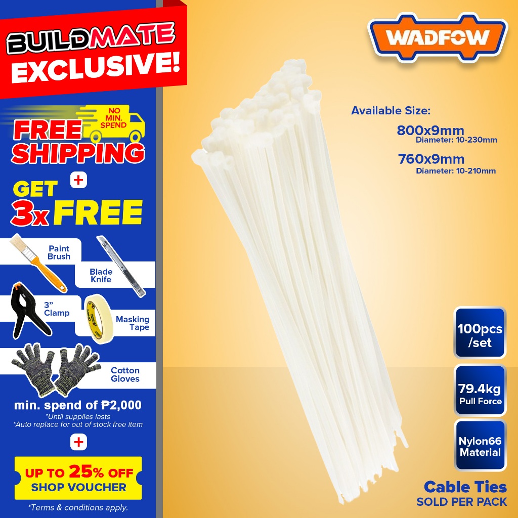 BUILDMATE Wadfow 100PCS Cable Ties 760MM 800MM White SelfLocking Zip Nylon Electrical Wire Ties