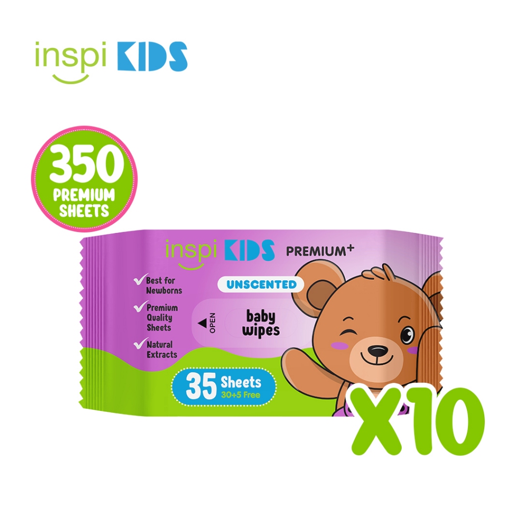 INSPI Kids Premium Baby Wipes Unscented 350 Tender Sheets 10 Packs Wet