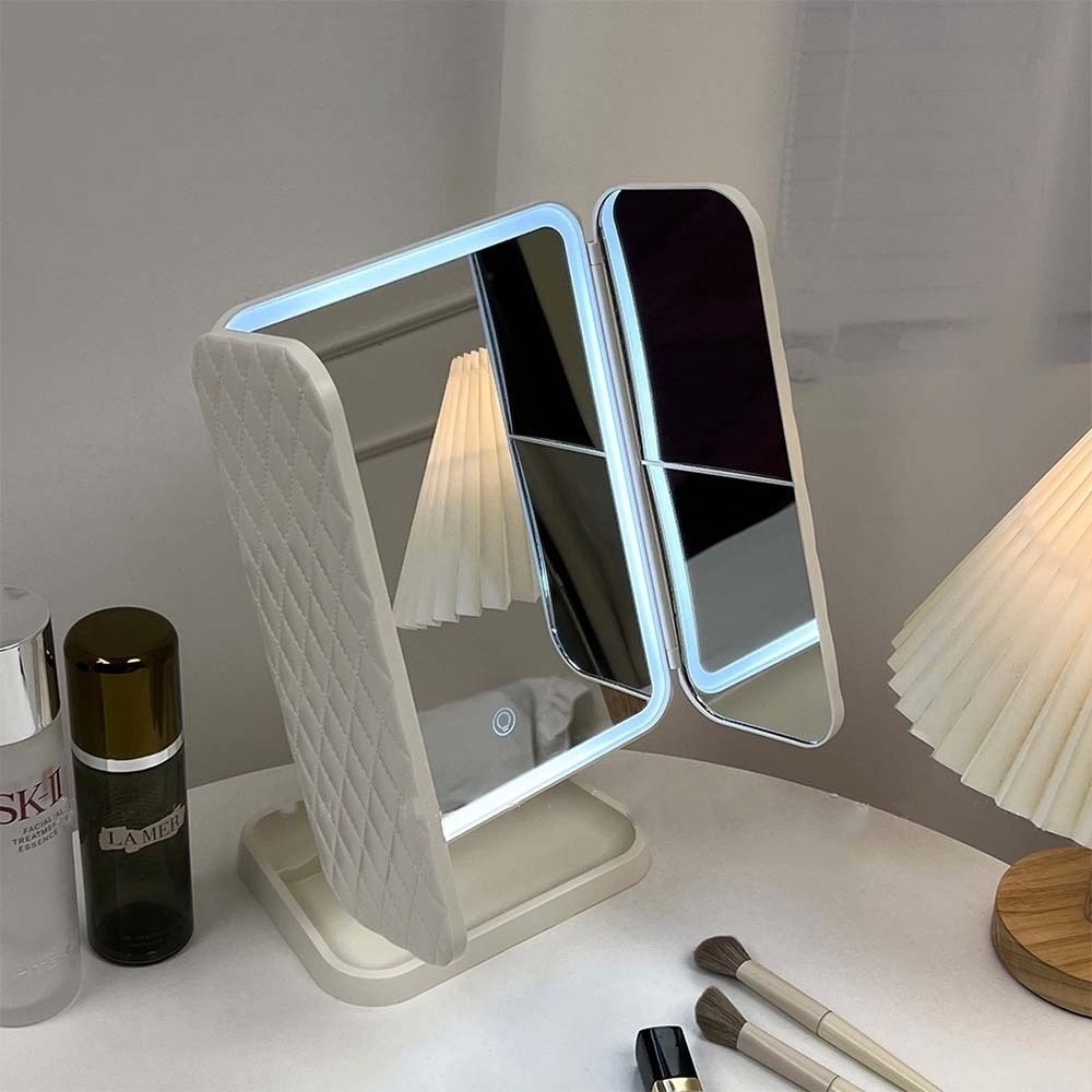 Shell Double Door Led Makeup Mirror With Light Storage Box Lntegrated Desktop Foldable Adjustable