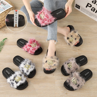 Girls Open Toe Fuzzy Fur Slippers Slides Fish Mouth Tassel Ball