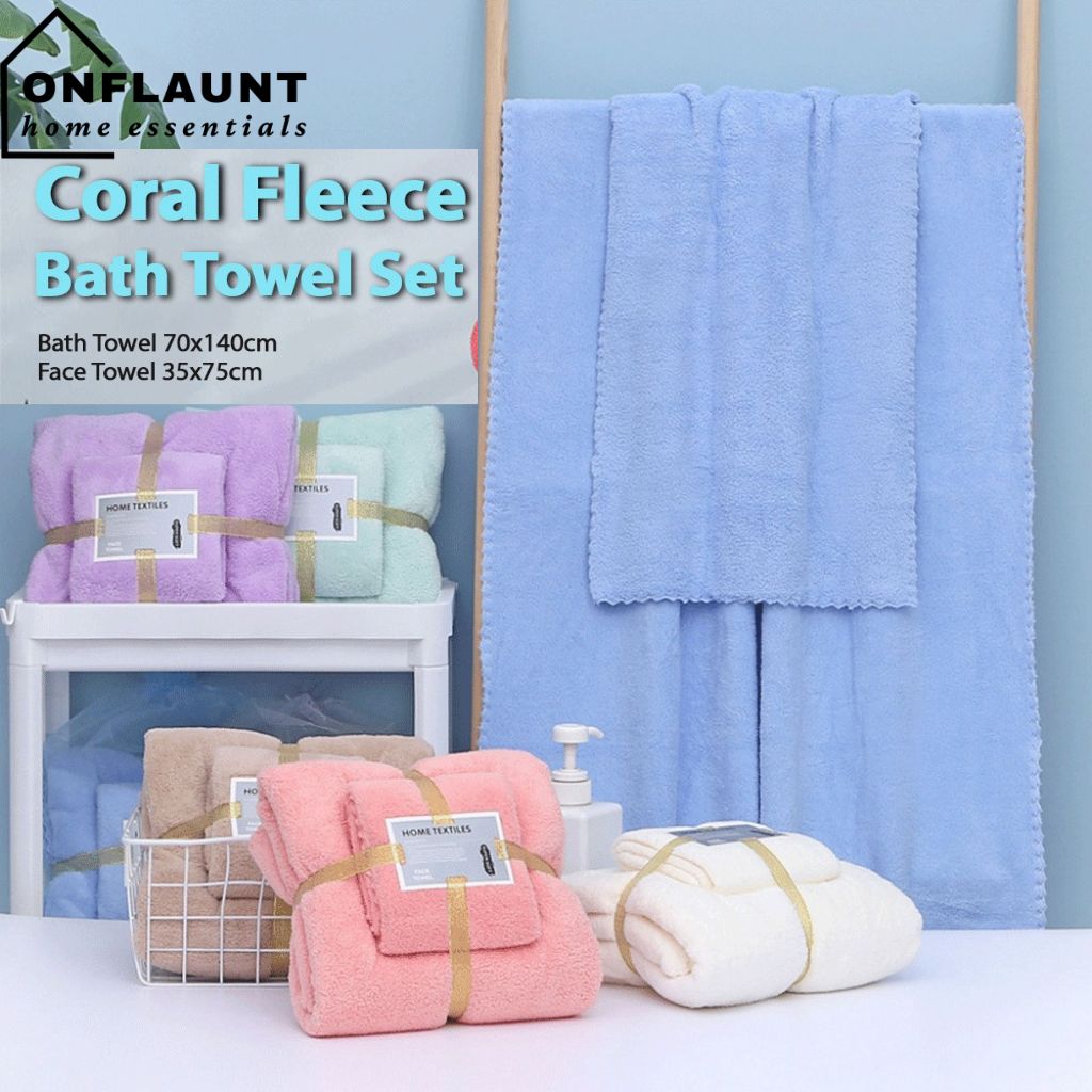 OnFlaunt 2Pc Bath and Hand Towel Set Coral Fleece Absorbent Face Hand