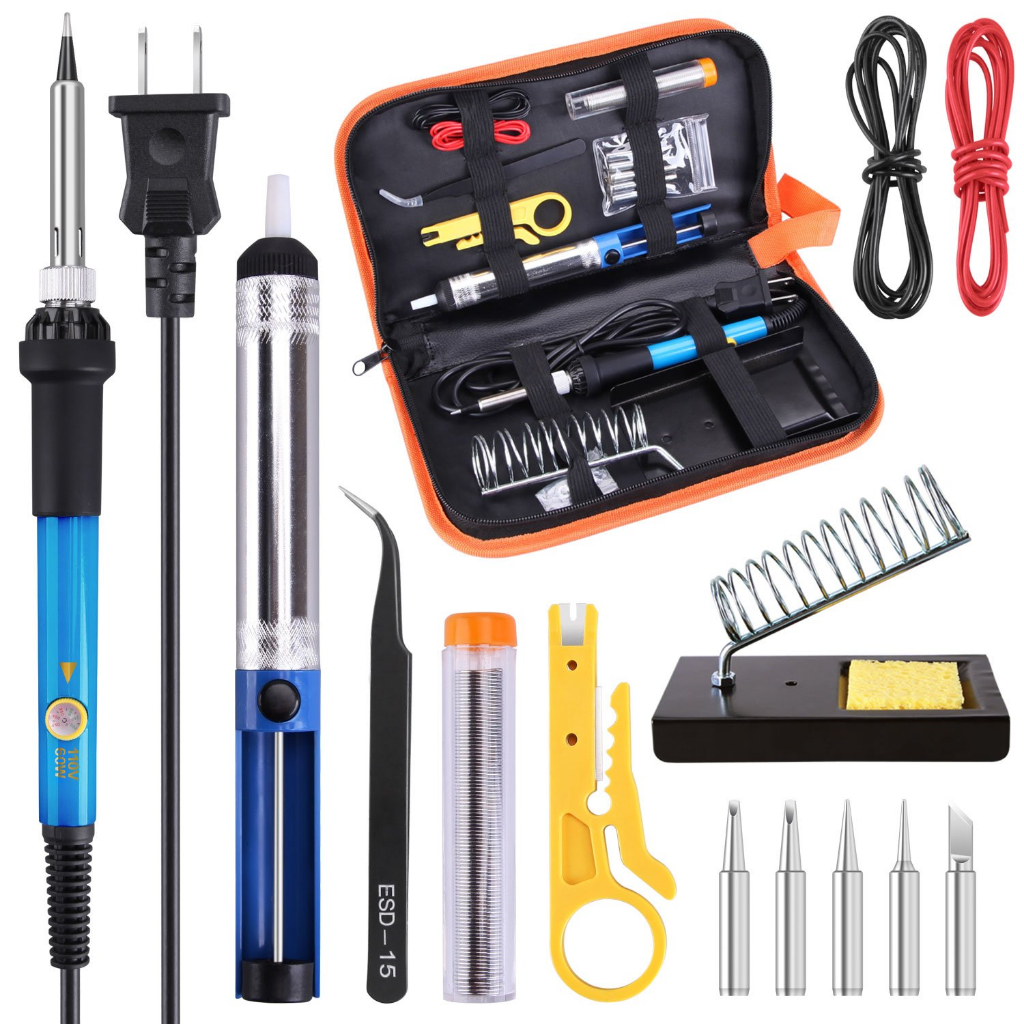 Soldering Iron Kit 60w adjustable with solder pump tweezers extra tips ...