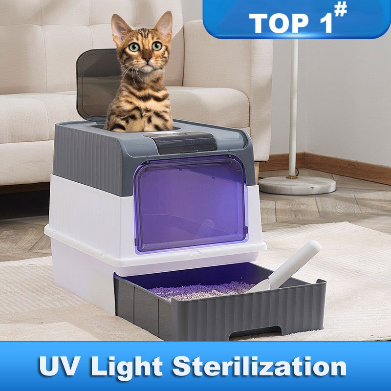 Disinfect Cat Litter Box, Covered Litter Box with UV Light, Enclosed