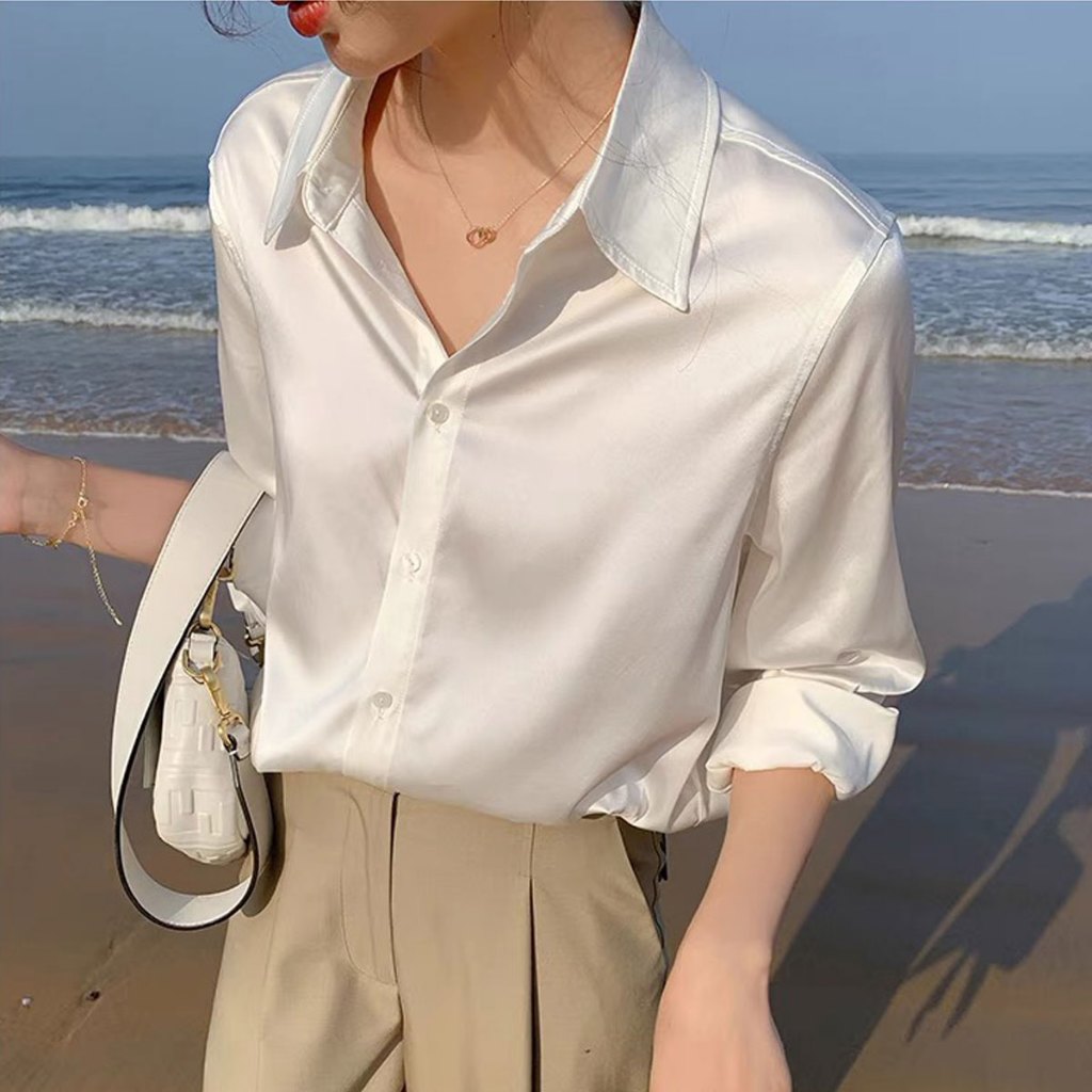Women's solid color satin long sleeve shirt Top Womenswear | Shopee ...