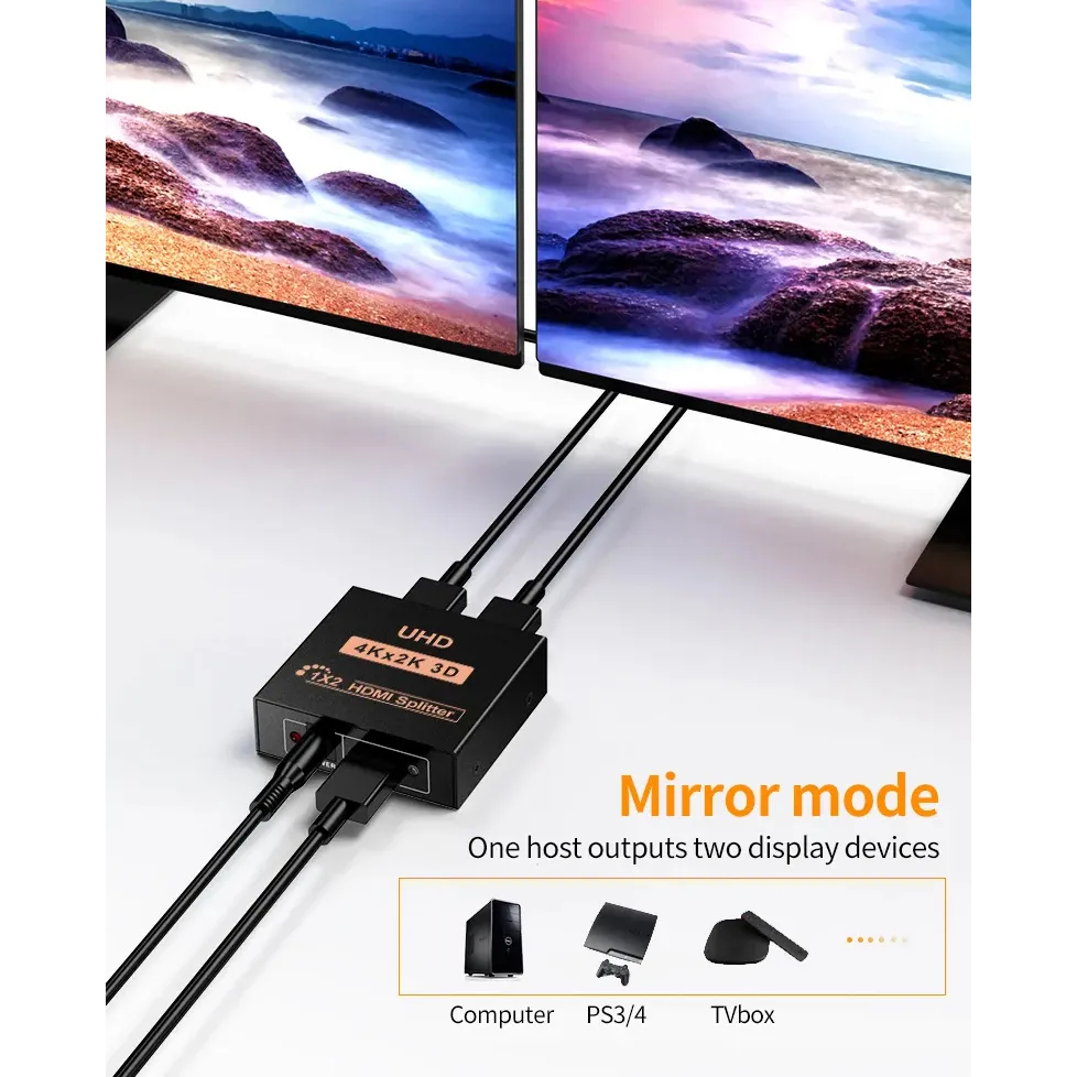 4K Ultra HD 2 ports HDMI Splitter 1X2 Video Hub Repeater Amplifier For ...