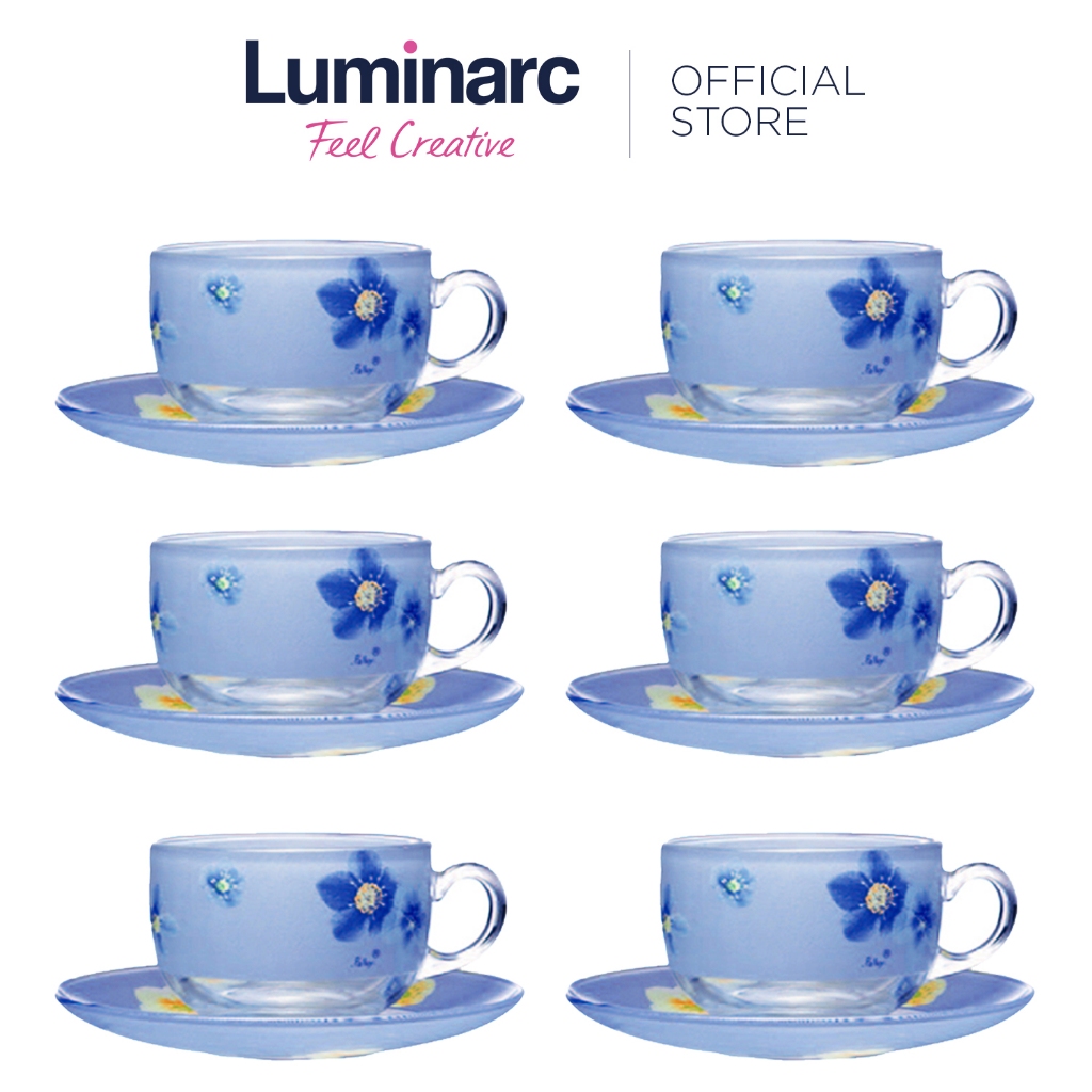 Luminarc Poeme Blue Microwaveable And Dishwasher Safe Tempered Glass Coffee Cup And Saucer 22cl 8284