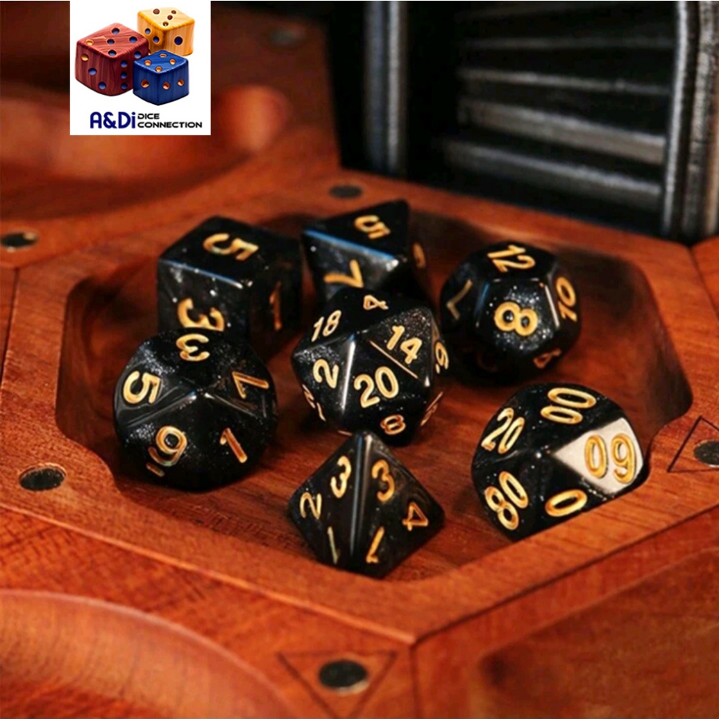 Polyhedral Dice Set (7pcs) Galaxy Theme Black, Mint, Dark Green, Yellow