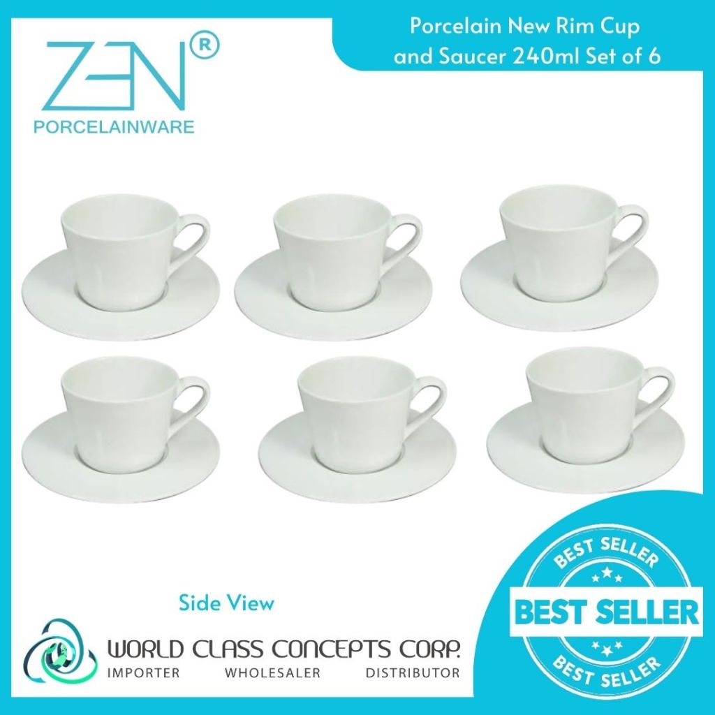 ZEN Porcelain New Rim Cup and Saucer 240ml ( Set of 6 ) WCCC | Shopee ...