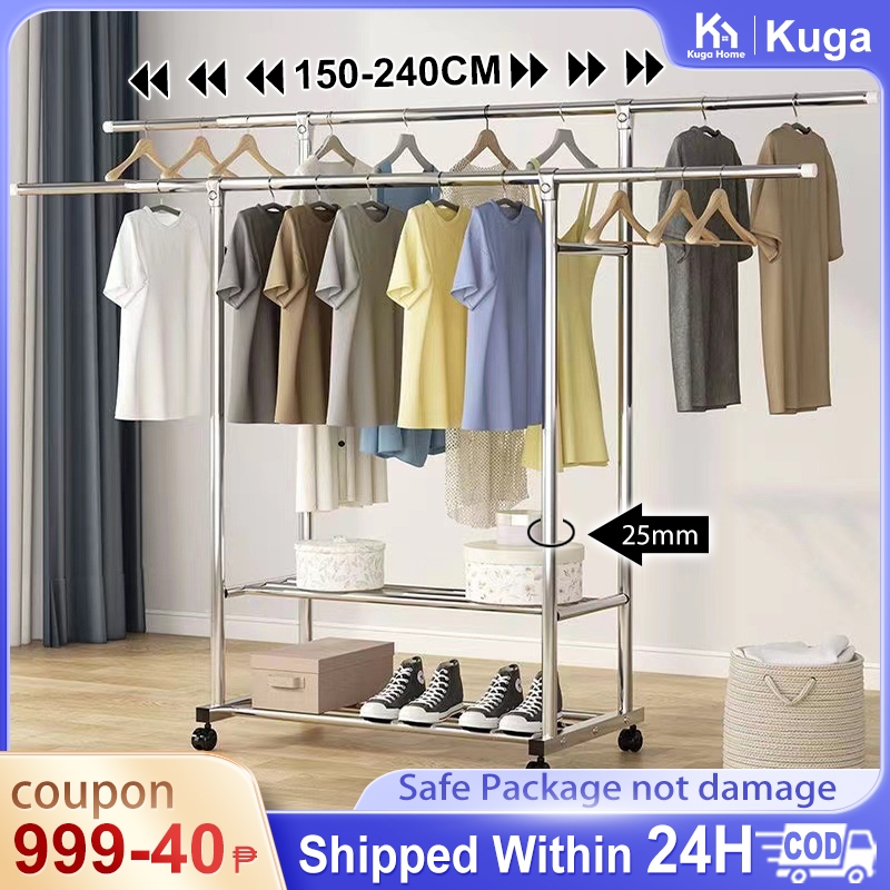 Double Pole Drying Rack with Wheels Stainless steel Clothes Hanger ...