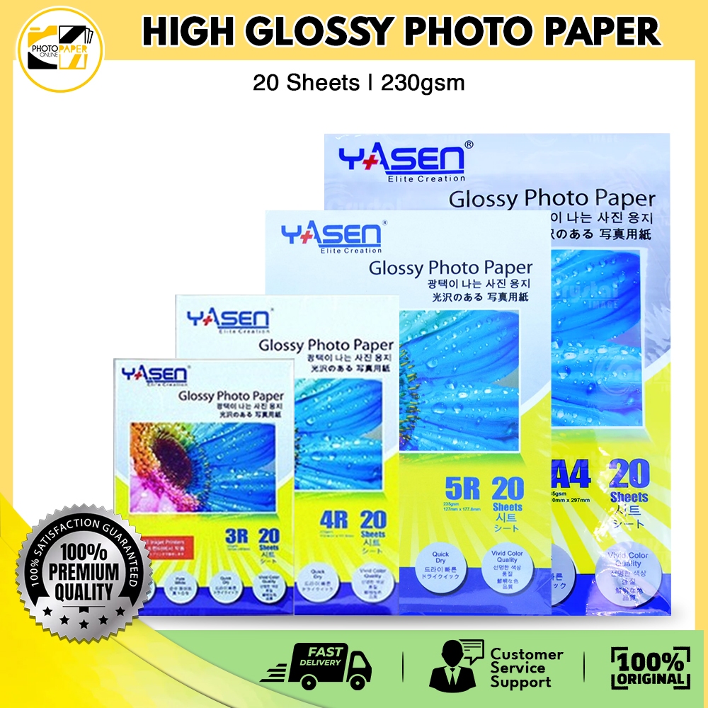 Yasen Glossy Photo Paper 230gsm A4 5r 3r 4r Size Waterproof Photopaper 20 Sheets 6328