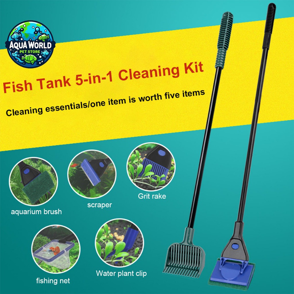 5 In 1 Aquarium Cleaning Tools Set Brush Scraper Fish Net Fork