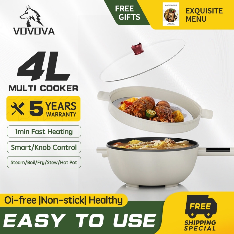 VOVOVA Electric Pan Cooker 4L 1500W Large Capacity With Steamer 2 in 1