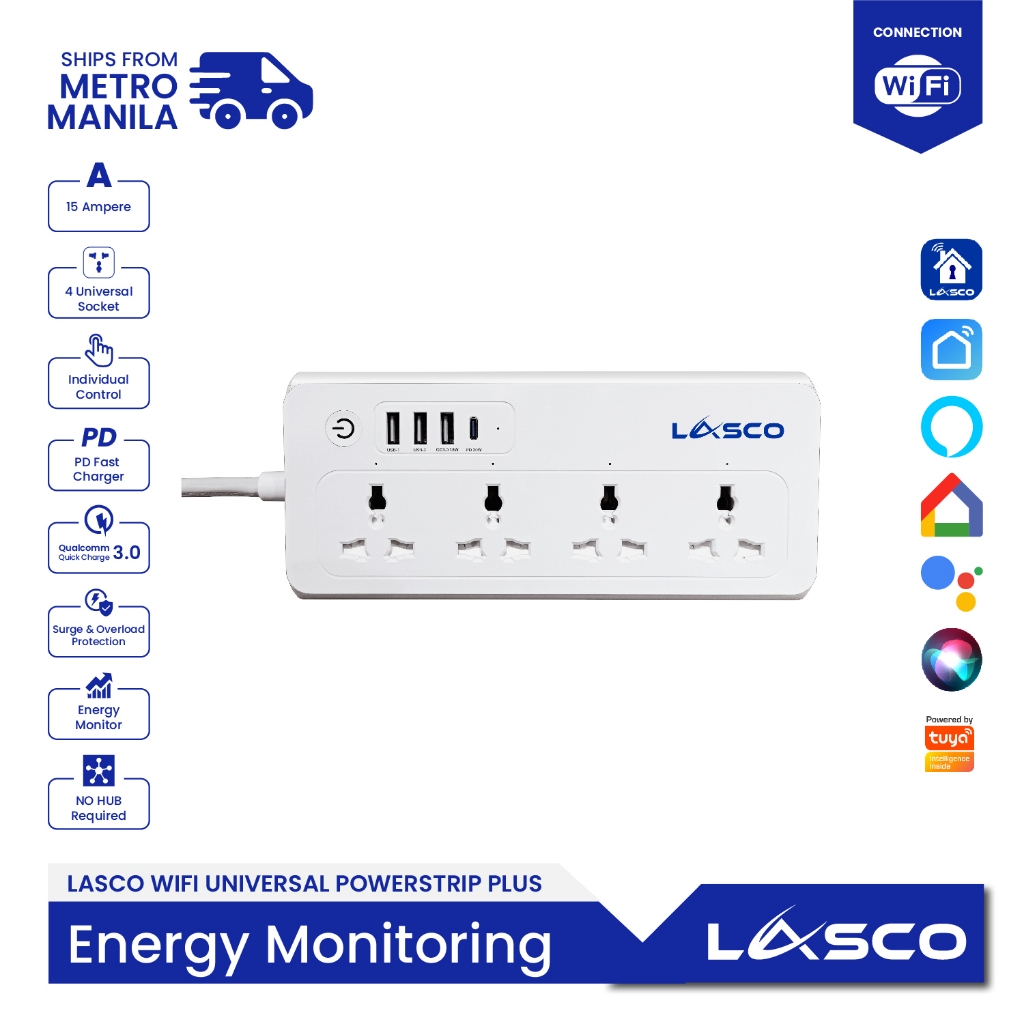 LASCO Wifi Universal Smart Power Strip with Energy Monitoring, Smart