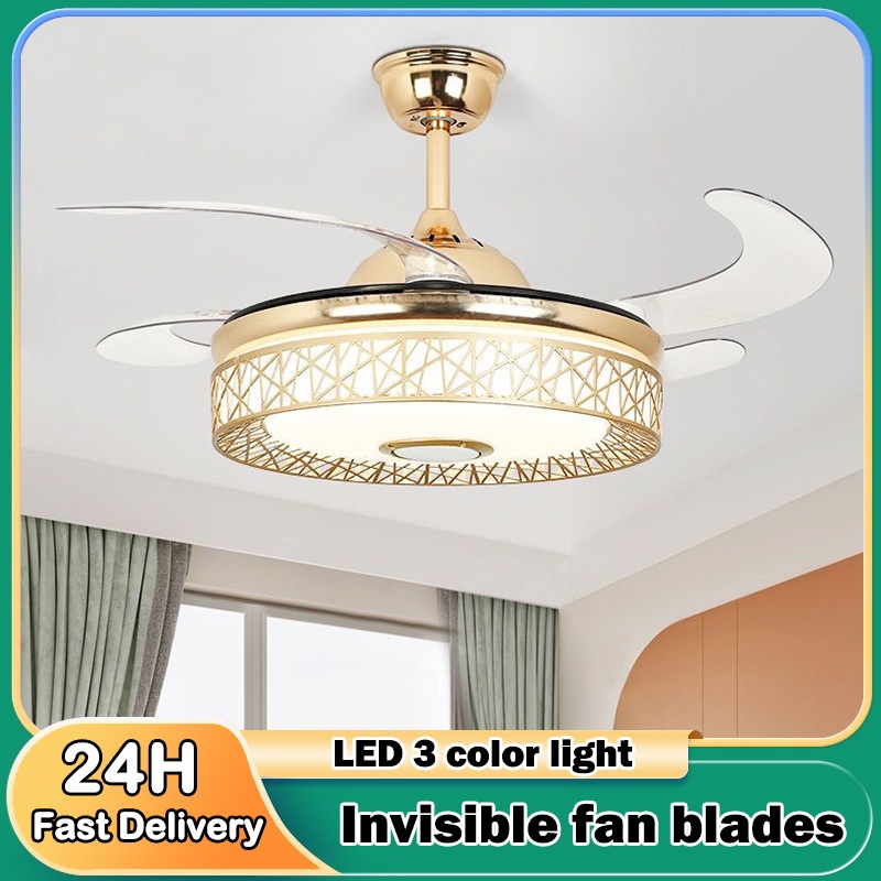 Invisible Ceiling Fan With Light Remote Control LED Tricolor Silent ...