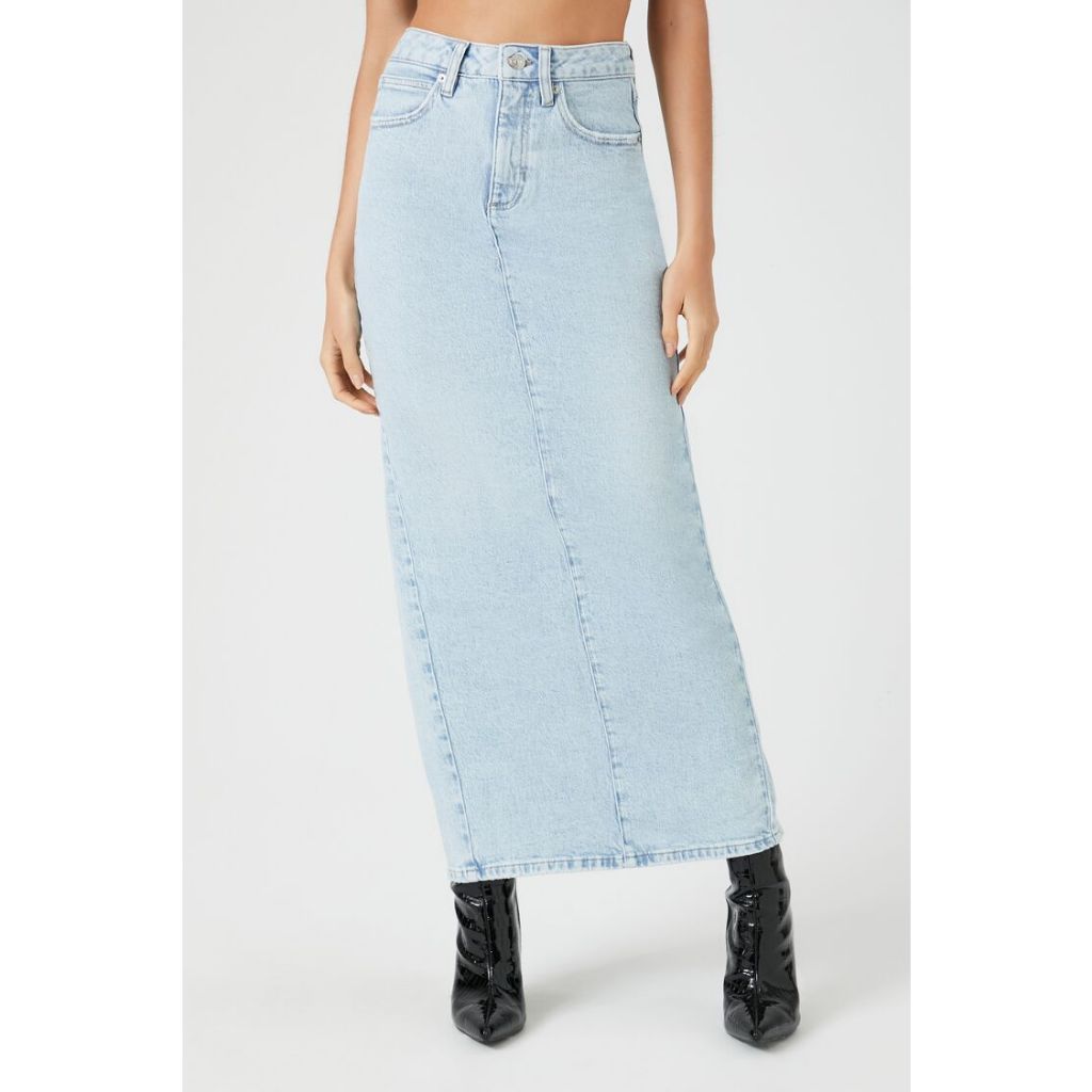Free People Chloe Denim Maxi Slit Skirt In Blue