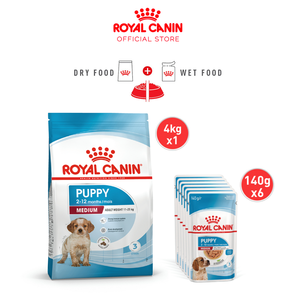 Royal Canin Medium Puppy (4kg) Dry + (140g x 6 pouches) Wet Dog Food ...