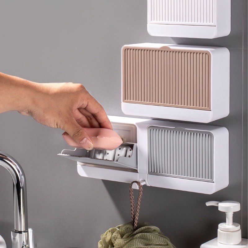 With Cover Lip Double-Grid Wall Mounted Soap Box Soap Draining Rack ...