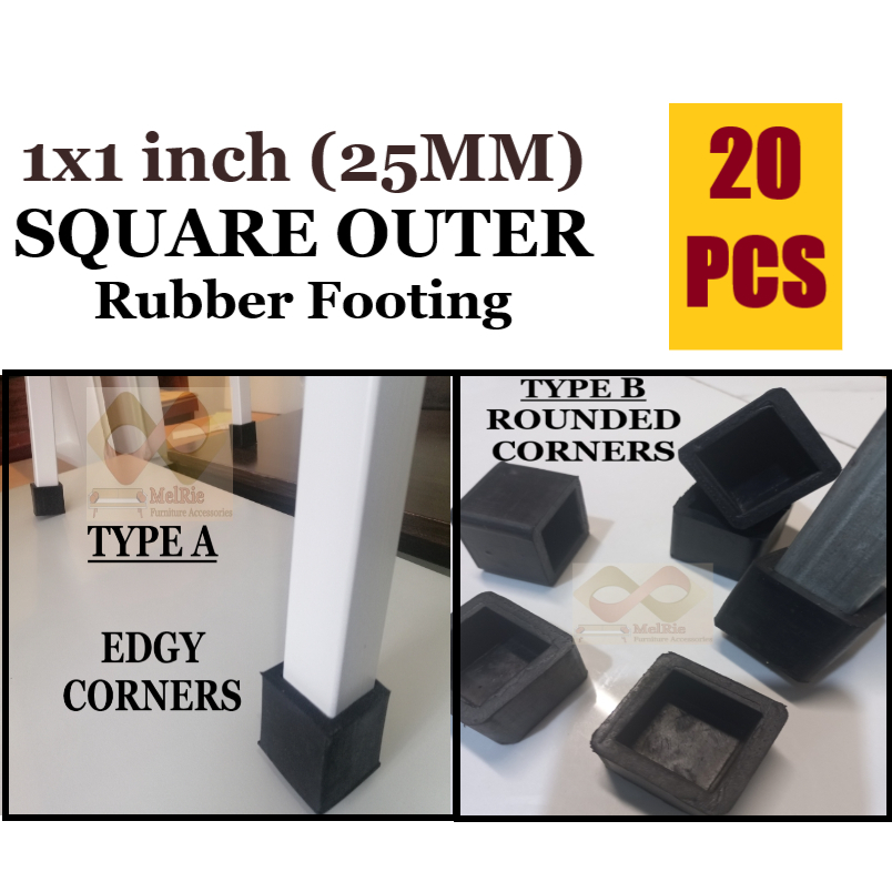 20 PCS - 1x1 inch (25MM) SQUARE OUTER HEAVY DUTY Tubular Rubber Footing ...