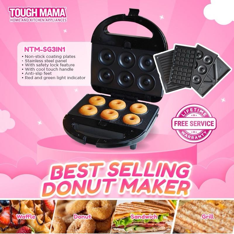 Tough Mama NTMSG3IN1 Sandwich, Waffle, Donut Maker, Griller Cool Touch