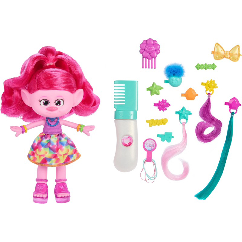 Mattel DreamWorks Trolls Band Together Branch, kleine pop met outfit die aan en uit kan en pluizig haar, speelgoed geïnspireerd op de film HNF08