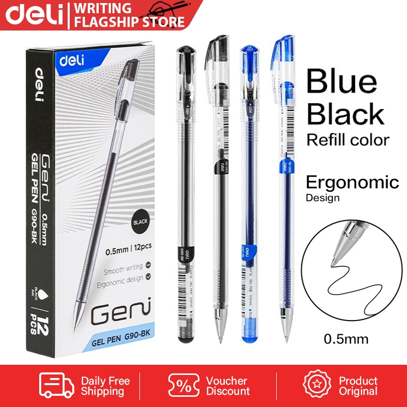 Deli Gel Pen 0.5mm Tip Black/Blue Ink Writing Pen Student Stationery ...