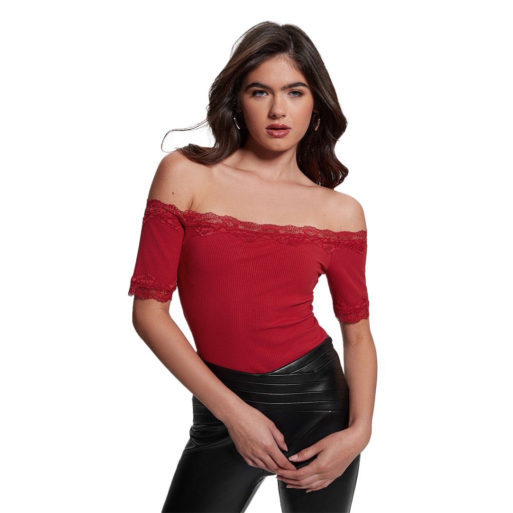 Guess Short Sleeves Off Shoulder Lace Rib Mei Top | Shopee Philippines