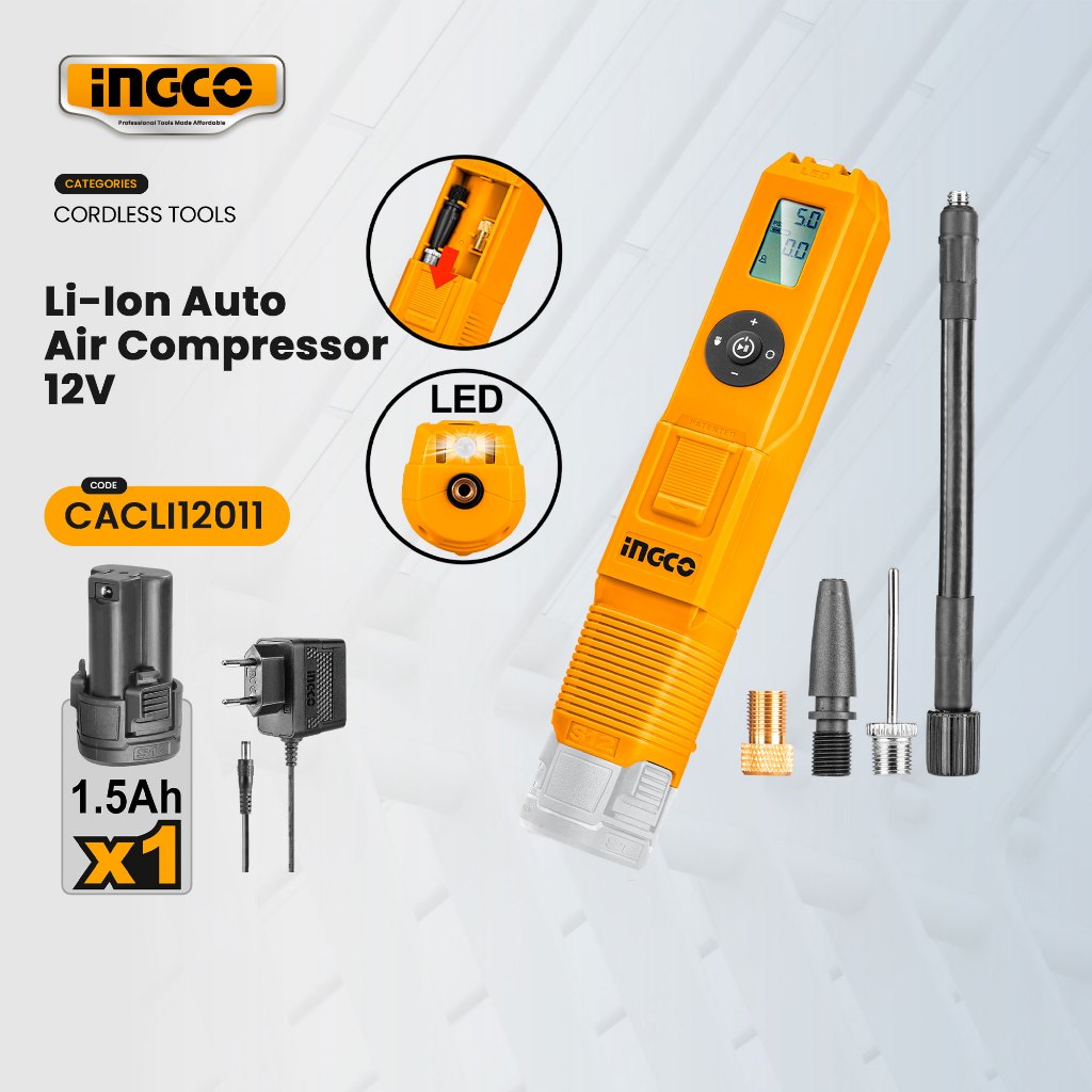 Ingco 12V Li-Ion Cordless Auto Air Compressor Tire Inflator With ...