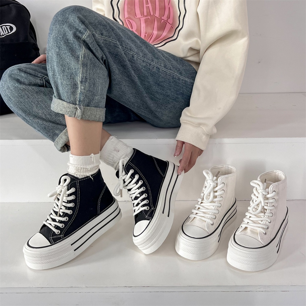 NEW Korea Fashion Thick bottom Sneakers WOmen Casual Black/Beige Canvas ...