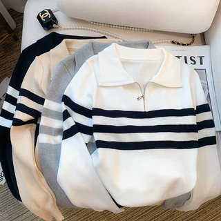 Frenchy Striped Pattern Half Zip Drop Shoulder Sweater