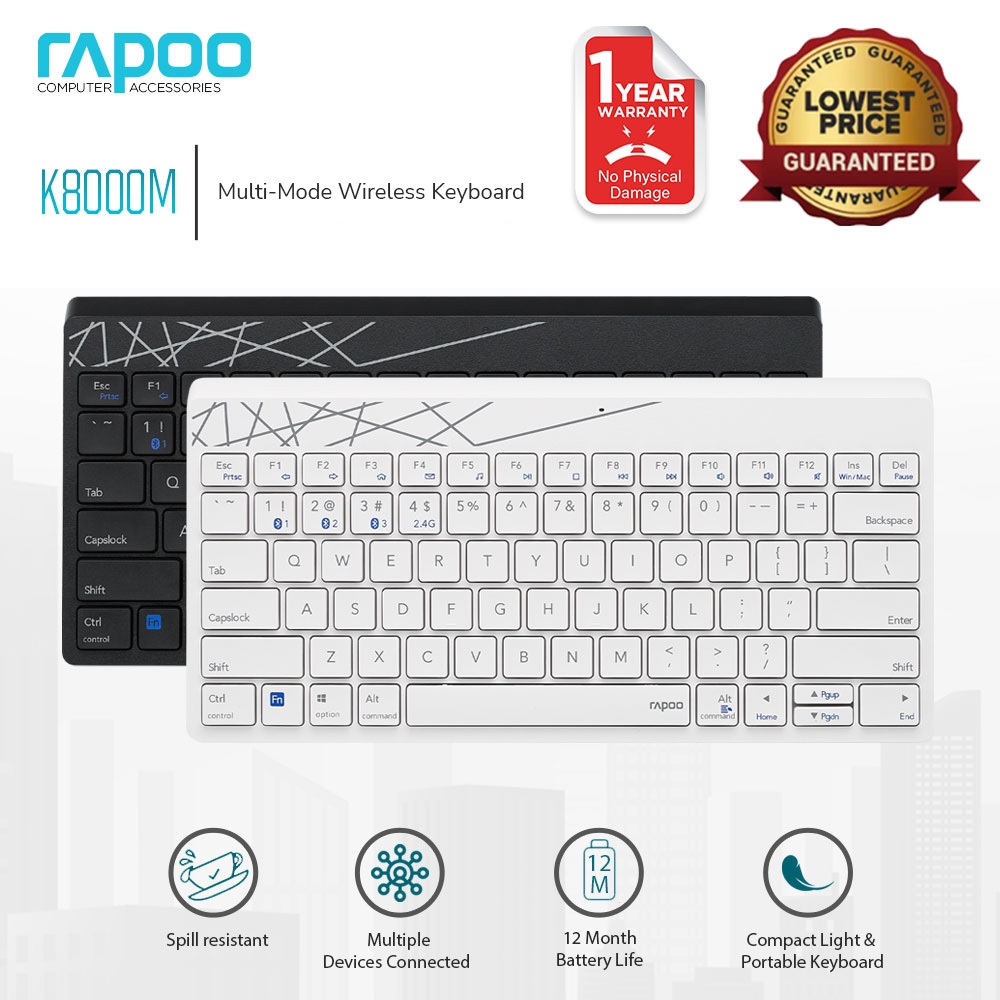 Rapoo K8000M Multi-mode Wireless Keyboard Multi Device(Bluetooth 3.0/5. ...