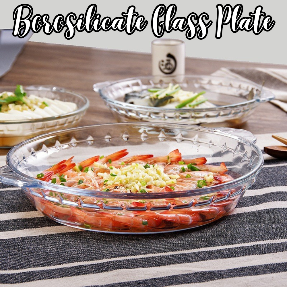 Borosilicate Glass Plate with Embroidered Design Round Dish Convenient  Handle Microwave Oven Safe