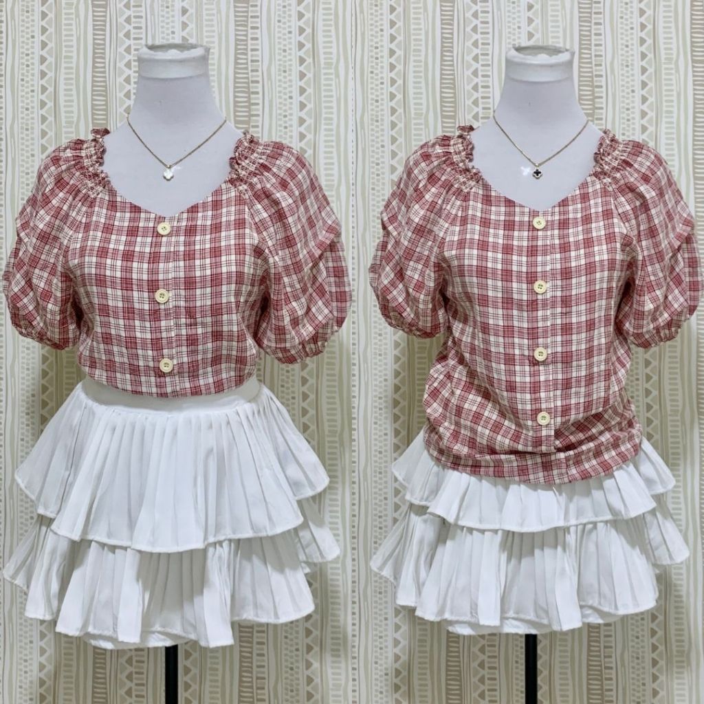 KOREAN PUFF SLEEVES CHECKERED BLOUSE (PRELOVED) | Shopee Philippines