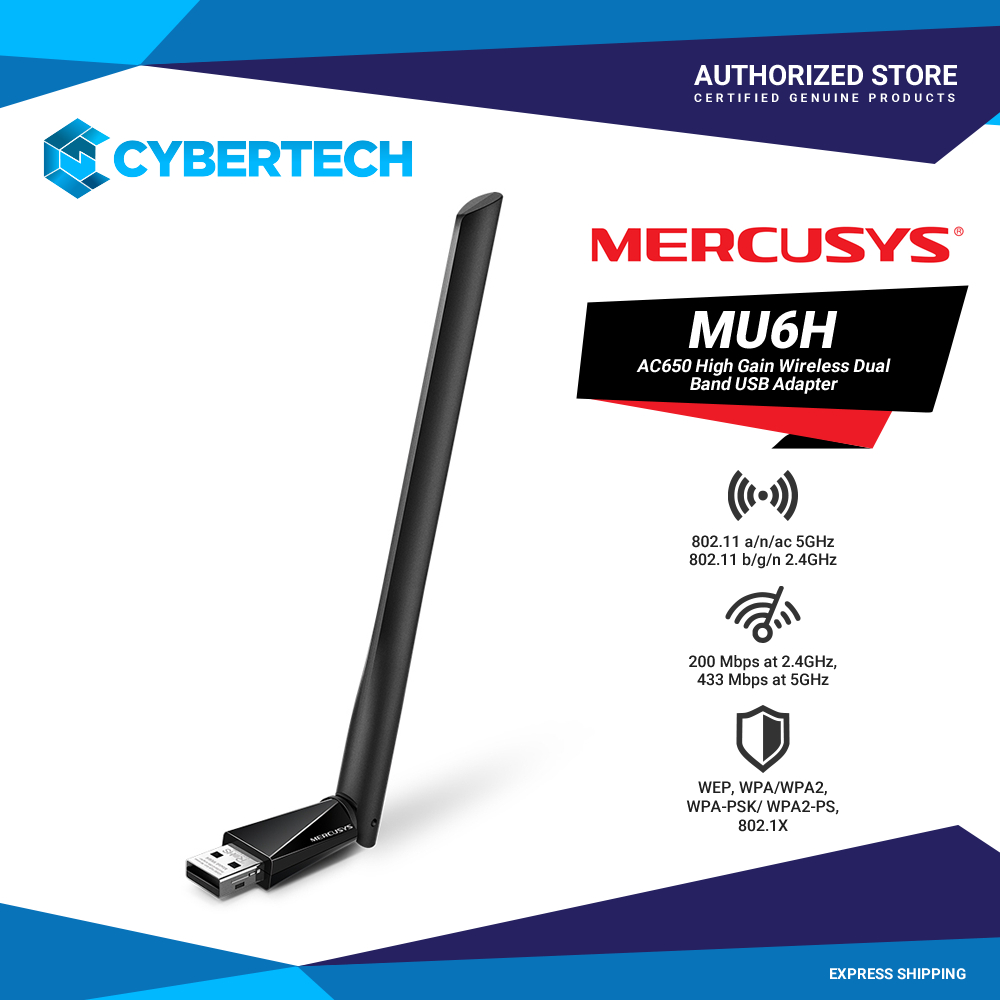 Adaptateur WiFi USB Double Bande AC650 Mercusys TP-Link MU6H - Haut Gain 5 DBi, Compatible Windows 11/10/8.1/7/XP - Vitesse Jusqu'à 200 Mbps (2.4 GHz) Et 433 Mbps (5 GHz)