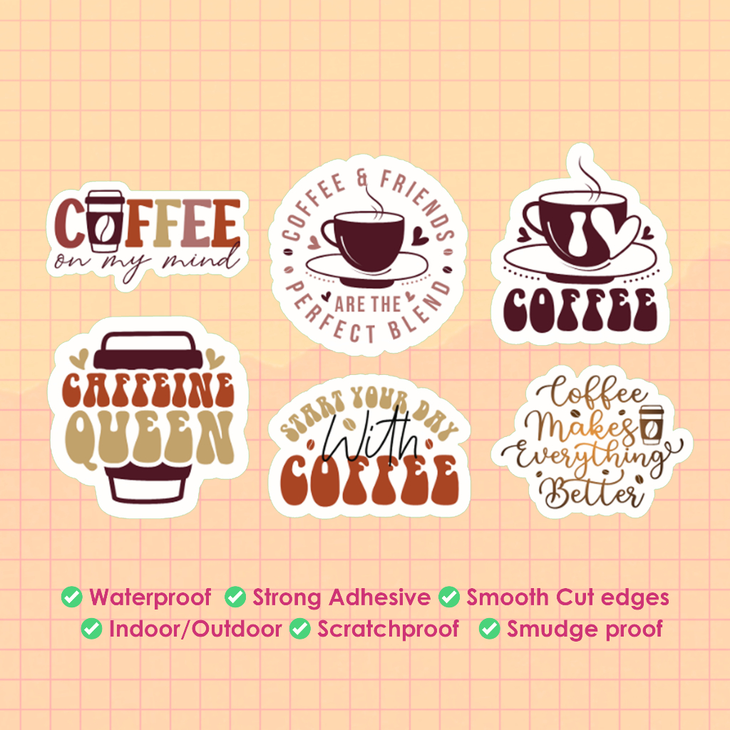 6pcs COFFEE STICKER SET laptop mugs tumblers aqua flask motors cars ...