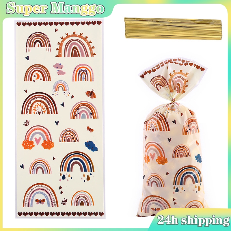 50Pcs Rainbow Boho Packaging Plastic Candy Biscuit Goodie Bags With ...