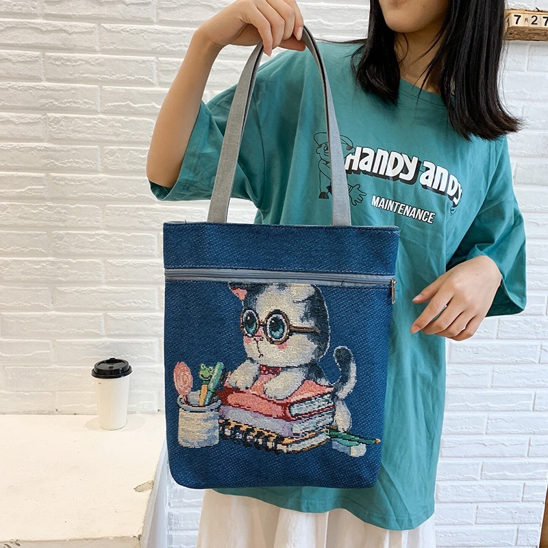 TOTE BAG 33 IN BLUE MIX WHITE TRIANGLE PATTERN EMBROIDERED FABRIC