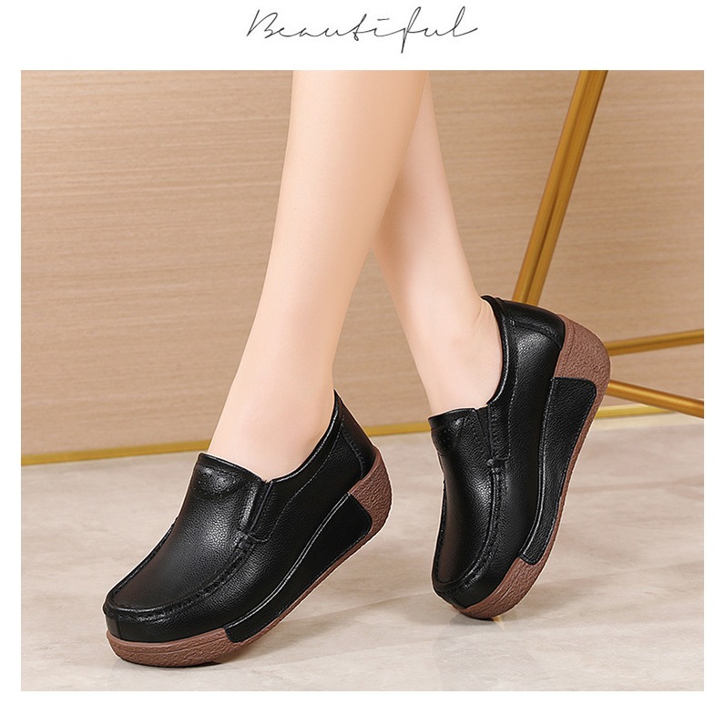 Women's Genuine Leather Loafers Solid Color Wedges Shoes Slip On