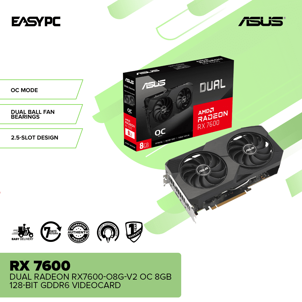 EasyPC| ASUS Dual RX 7600 DUAL-RX7600-O8G-V2 OC 8GB 128-bit GDDR6 ...